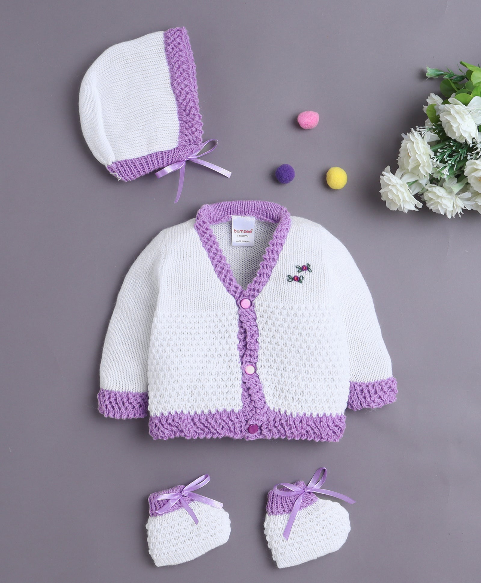 White & Lavender Baby Girls Full Sleeves Acrylic Blend Sweater With Cap & Socks