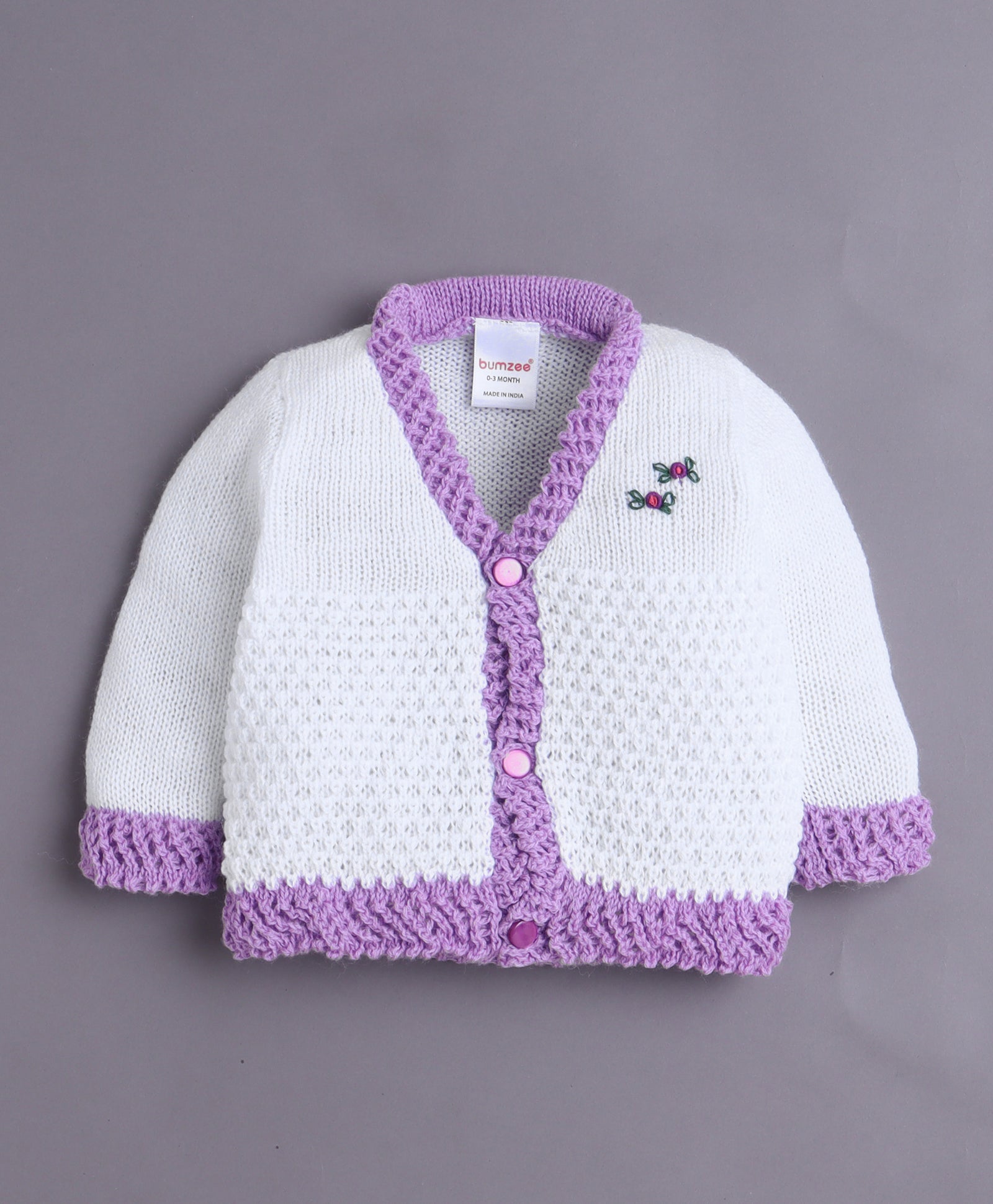 White & Lavender Baby Girls Full Sleeves Acrylic Blend Sweater With Cap & Socks