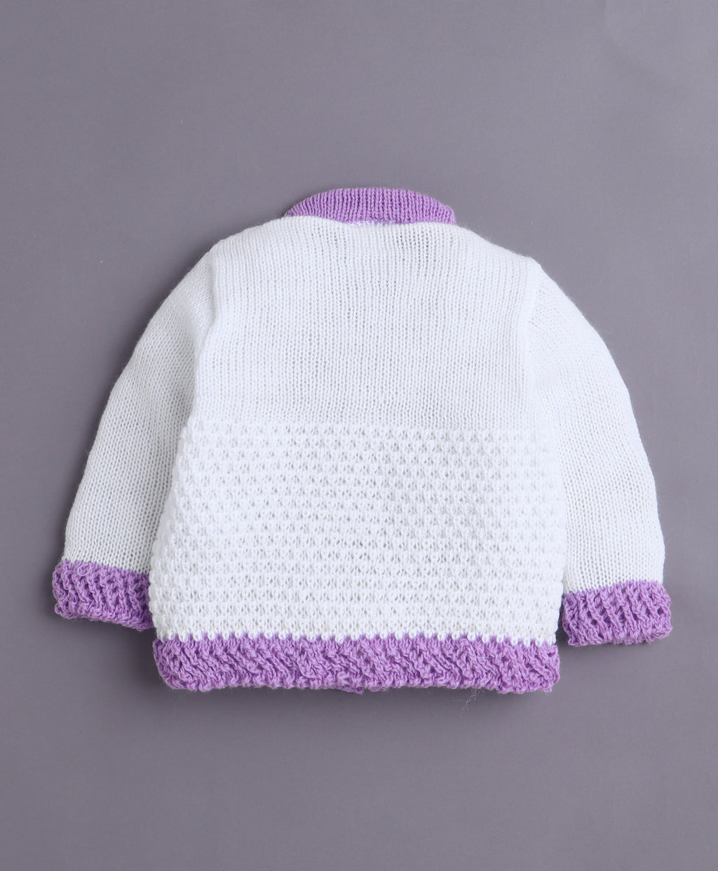 Bumzee White & Lavender Knitted Sweater with Cap & Socks, Full Sleeves, with Socks (Style Peb10816)