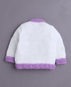 Bumzee White & Lavender Knitted Sweater with Cap & Socks, Full Sleeves, with Socks (Style Peb10816)