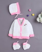 Bumzee White & Pink Knitted Sweater with Cap & Socks, Full Sleeves, Acrylic Knit (Style Peb10817)