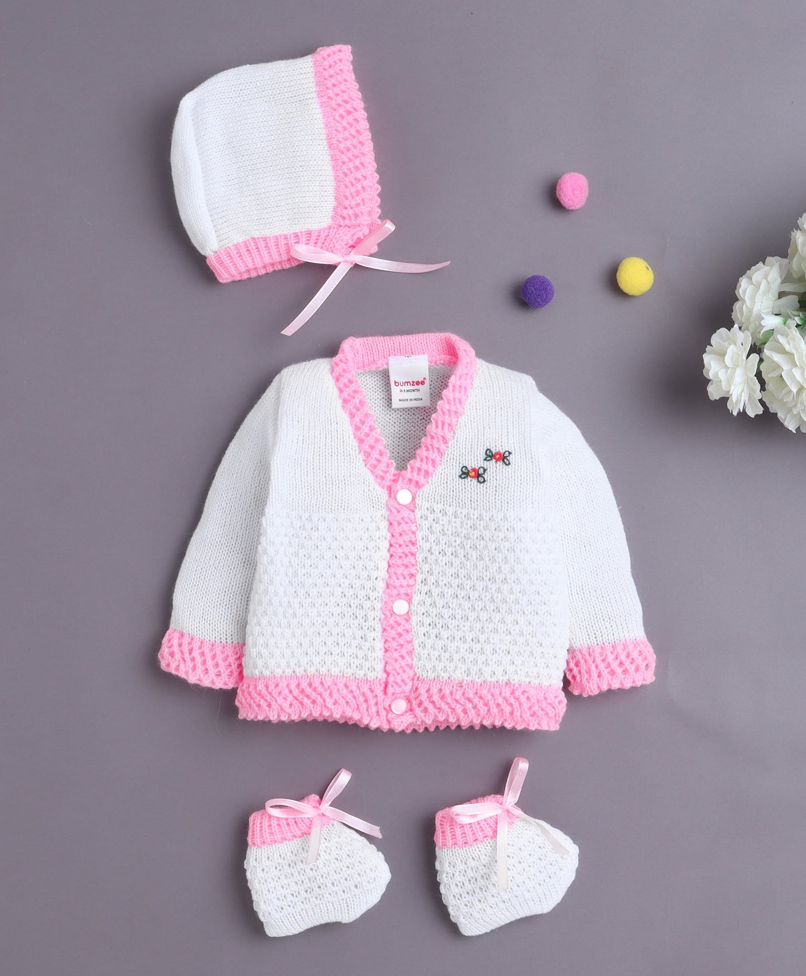 White & Pink Baby Girls Full Sleeves Acrylic Blend Sweater With Cap & Socks