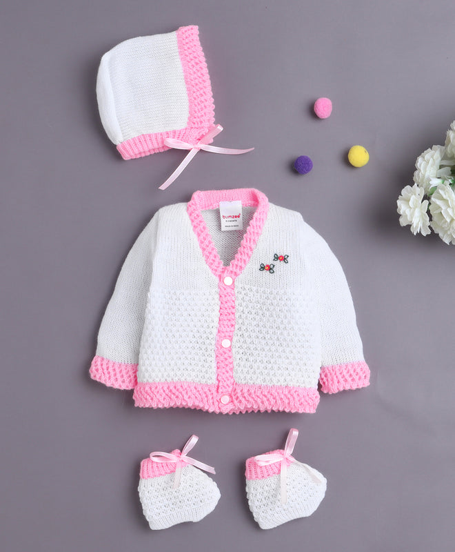 White & Pink Baby Girls Full Sleeves Acrylic Blend Sweater With Cap & Socks