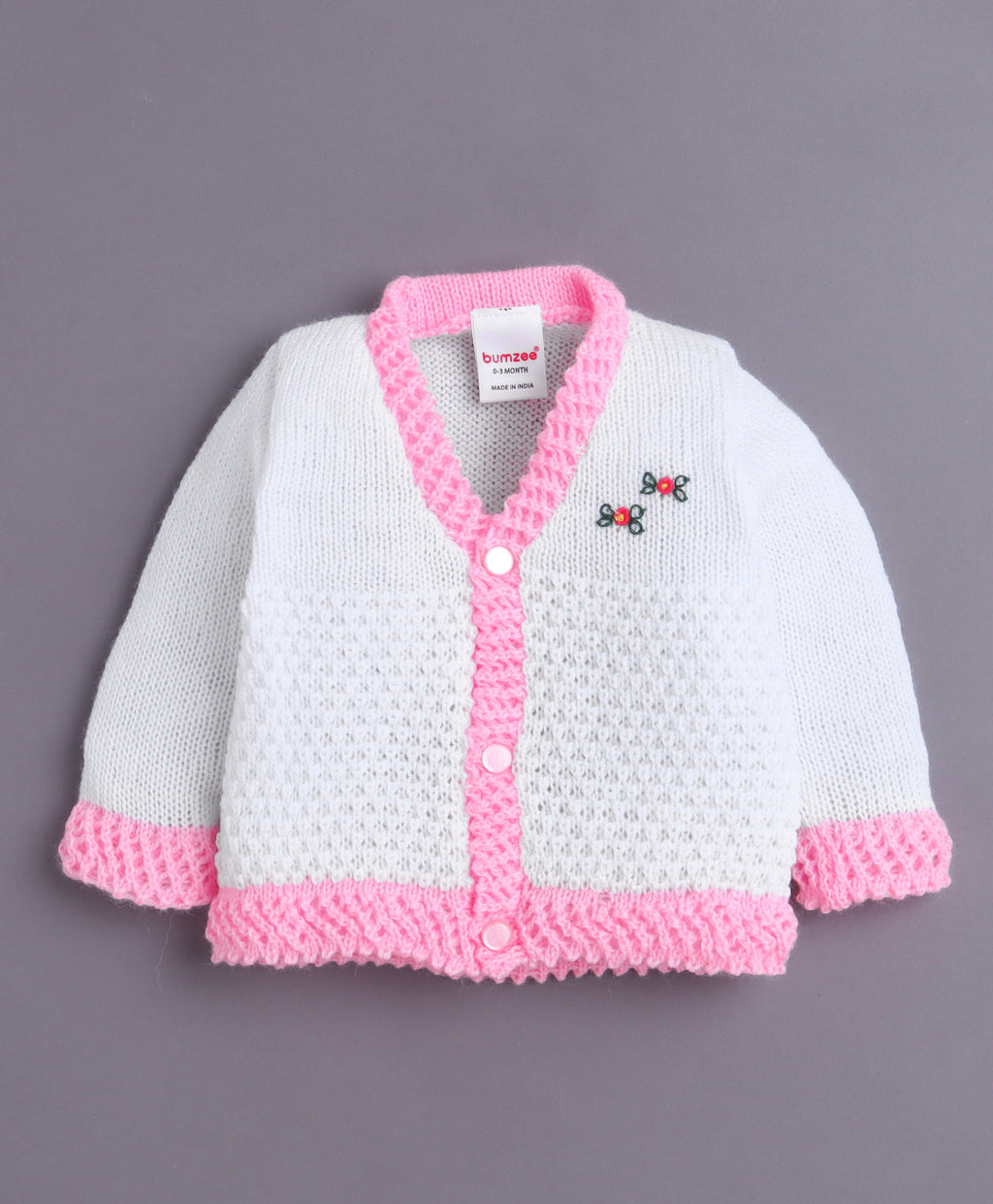 Bumzee White & Pink Knitted Sweater with Cap & Socks, Full Sleeves, Acrylic Knit (Style Peb10817)