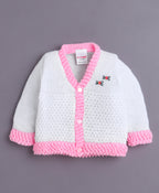 Bumzee White & Pink Knitted Sweater with Cap & Socks, Full Sleeves, Acrylic Knit (Style Peb10817)