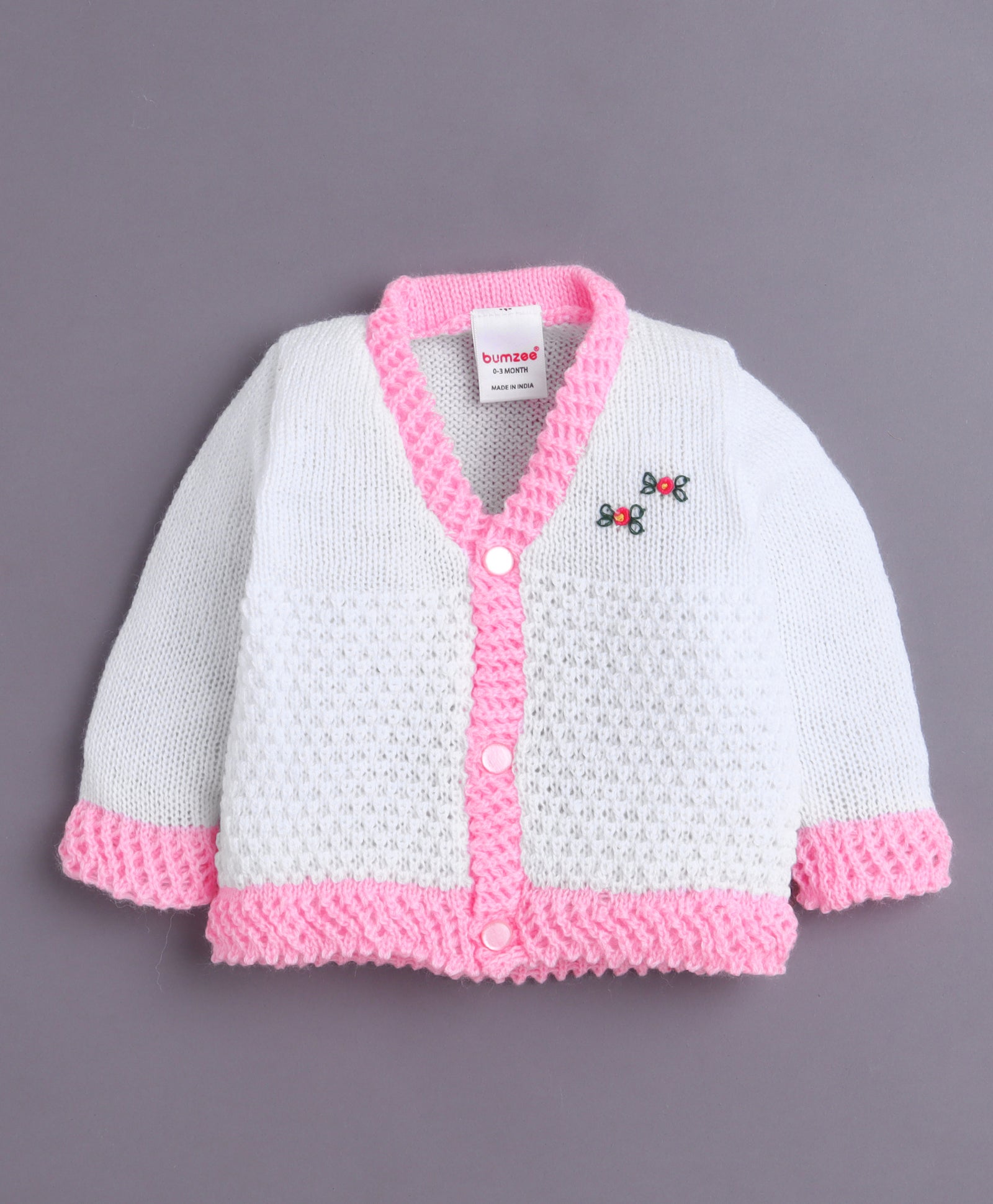 White & Pink Baby Girls Full Sleeves Acrylic Blend Sweater With Cap & Socks