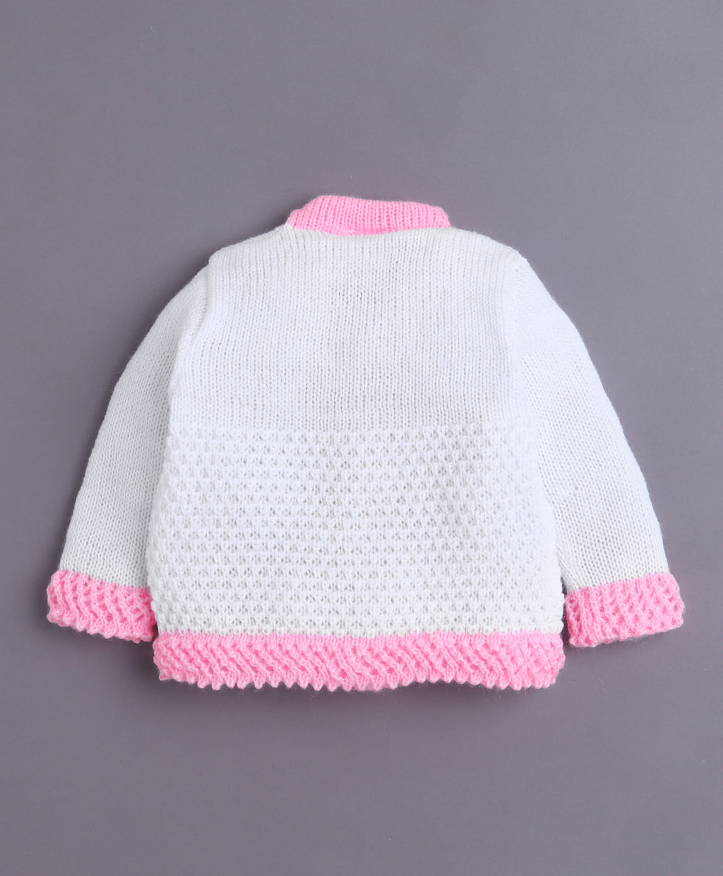 Bumzee White & Pink Knitted Sweater with Cap & Socks, Full Sleeves, Acrylic Knit (Style Peb10817)