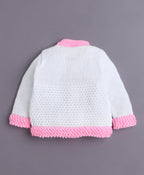 Bumzee White & Pink Knitted Sweater with Cap & Socks, Full Sleeves, Acrylic Knit (Style Peb10817)