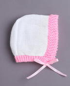 Bumzee White & Pink Knitted Sweater with Cap & Socks, Full Sleeves, Acrylic Knit (Style Peb10817)