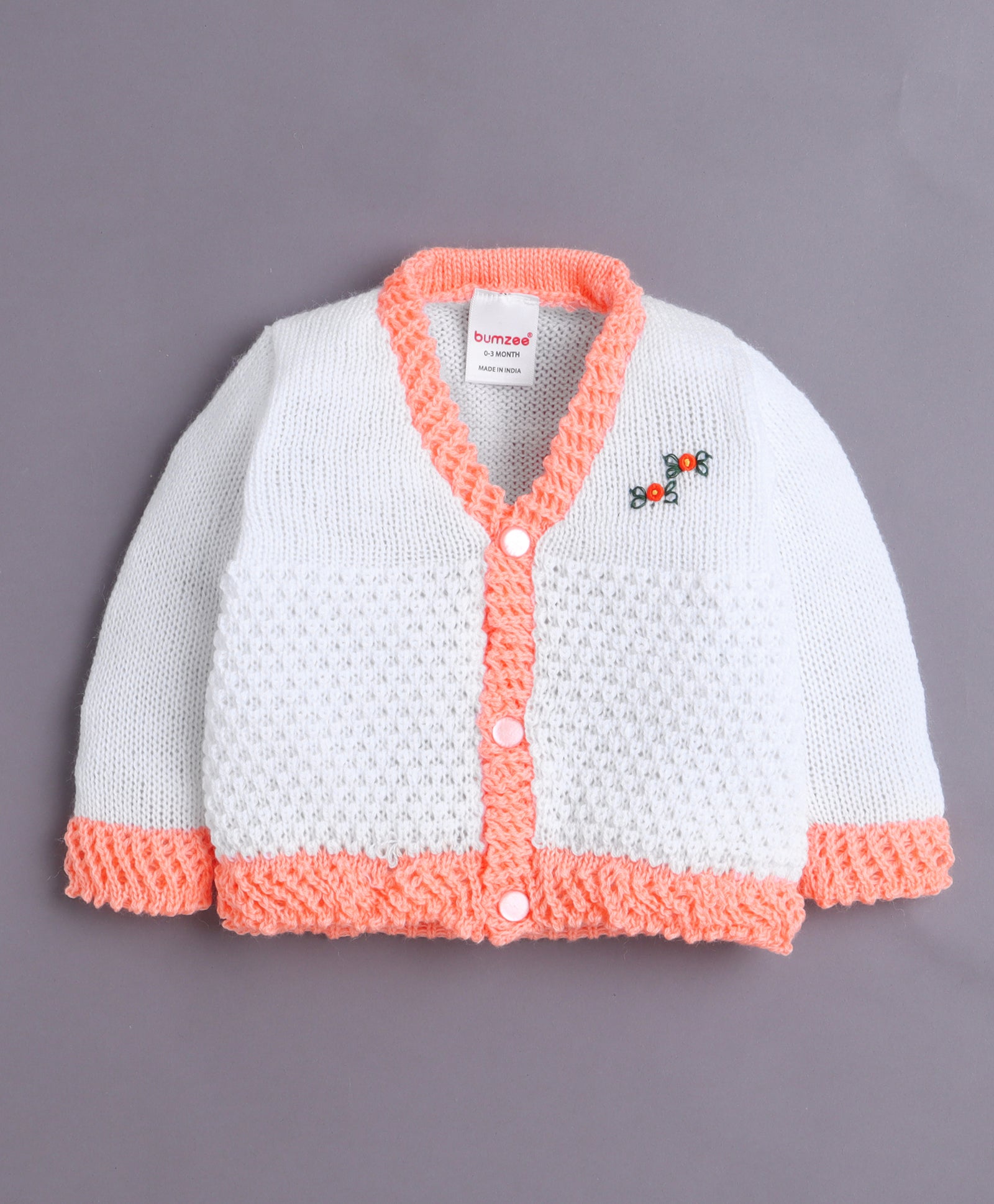 White & Orange Baby Girls Full Sleeves Acrylic Blend Sweater With Cap & Socks