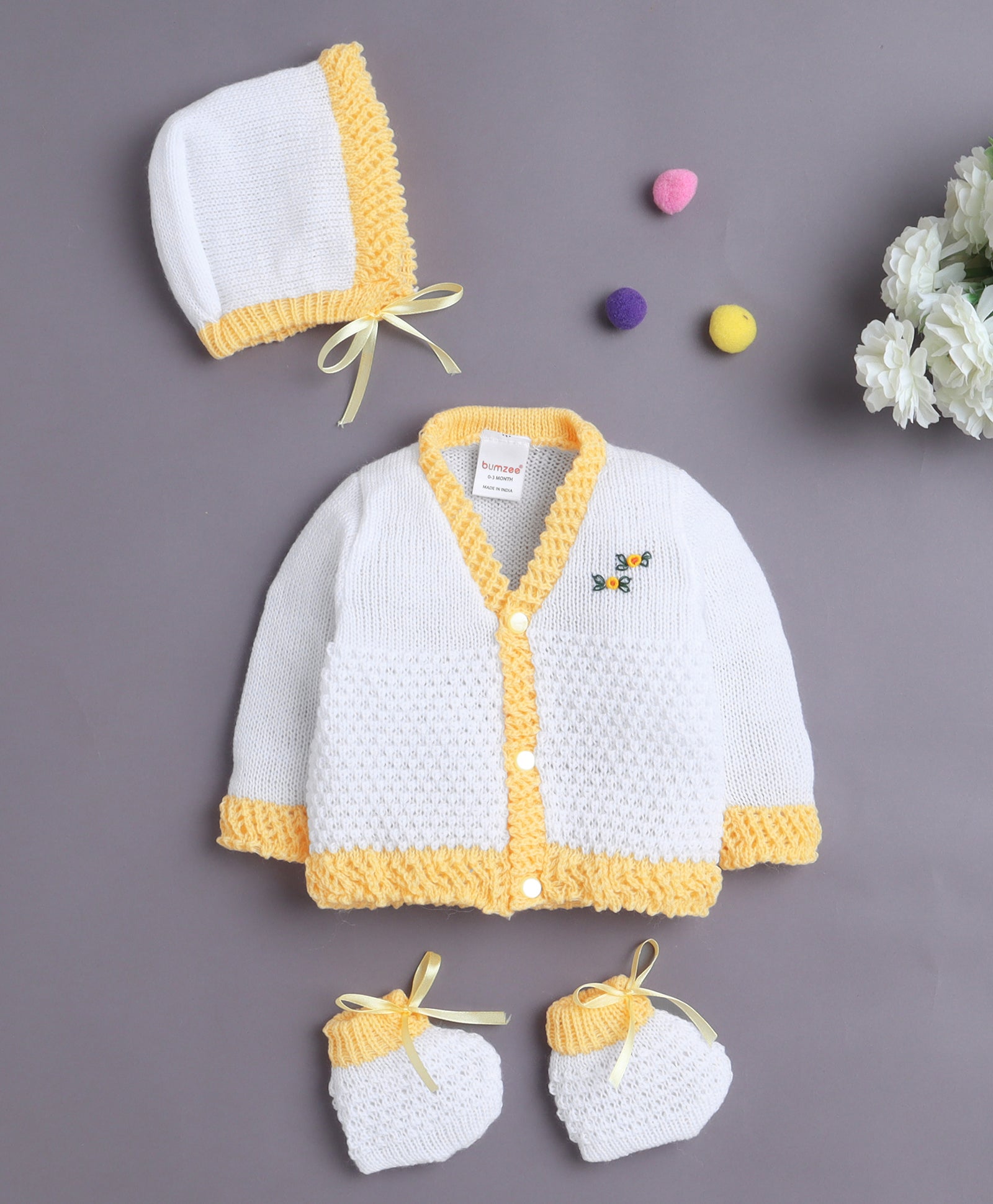 White & Yellow Baby Girls Full Sleeves Acrylic Blend Sweater With Cap & Socks