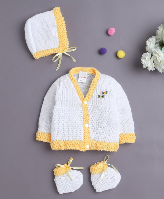 White & Yellow Baby Girls Full Sleeves Acrylic Blend Sweater With Cap & Socks