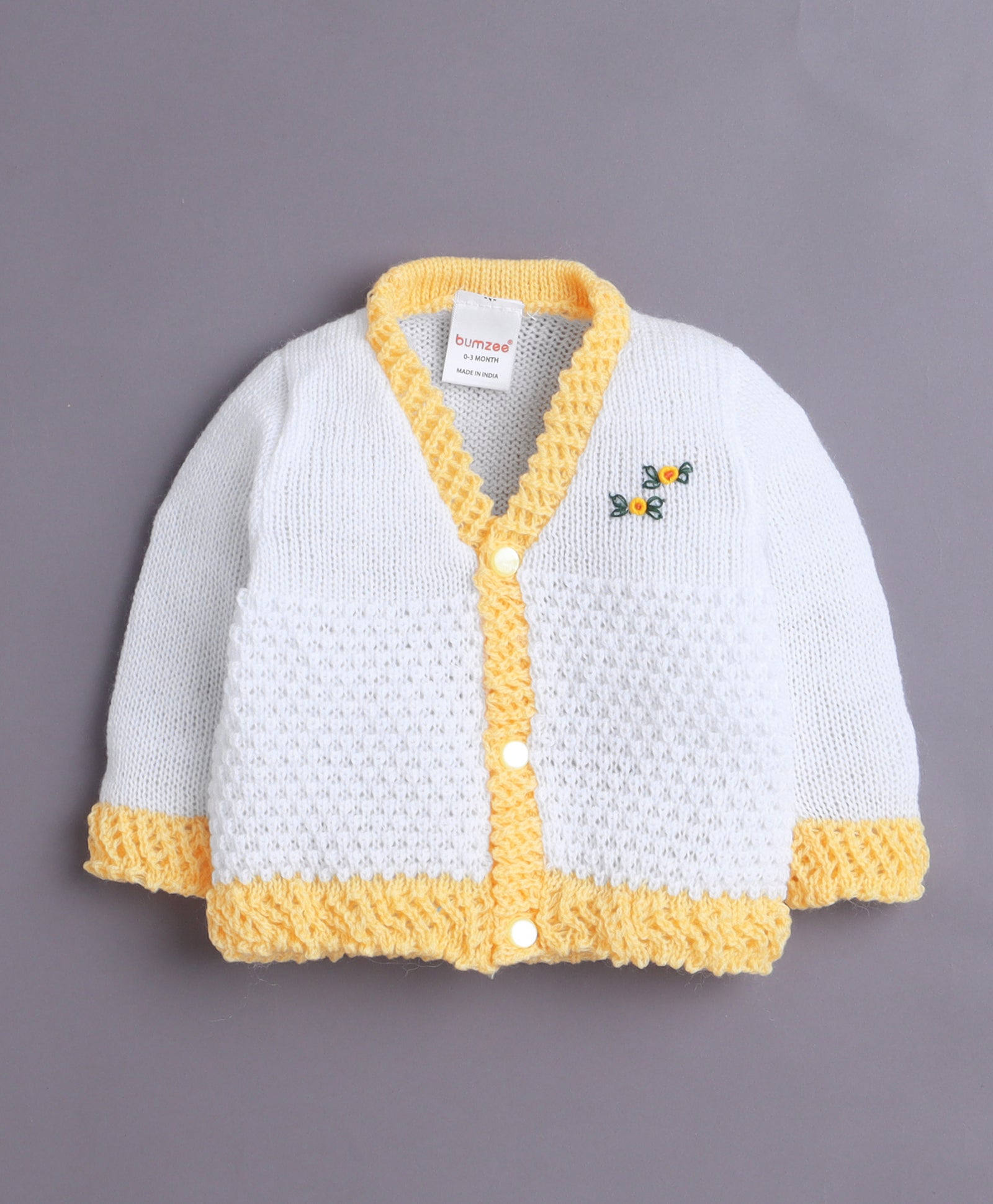White & Yellow Baby Girls Full Sleeves Acrylic Blend Sweater With Cap & Socks