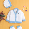 White & Sky Blue Baby Girls Full Sleeves Acrylic Blend Sweater With Cap & Socks