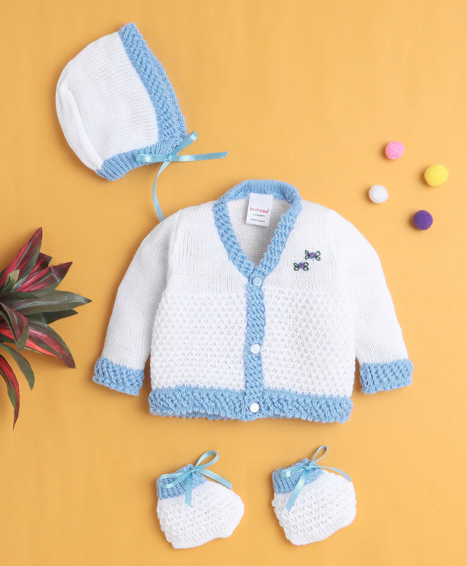 White & Sky Blue Baby Girls Full Sleeves Acrylic Blend Sweater With Cap & Socks