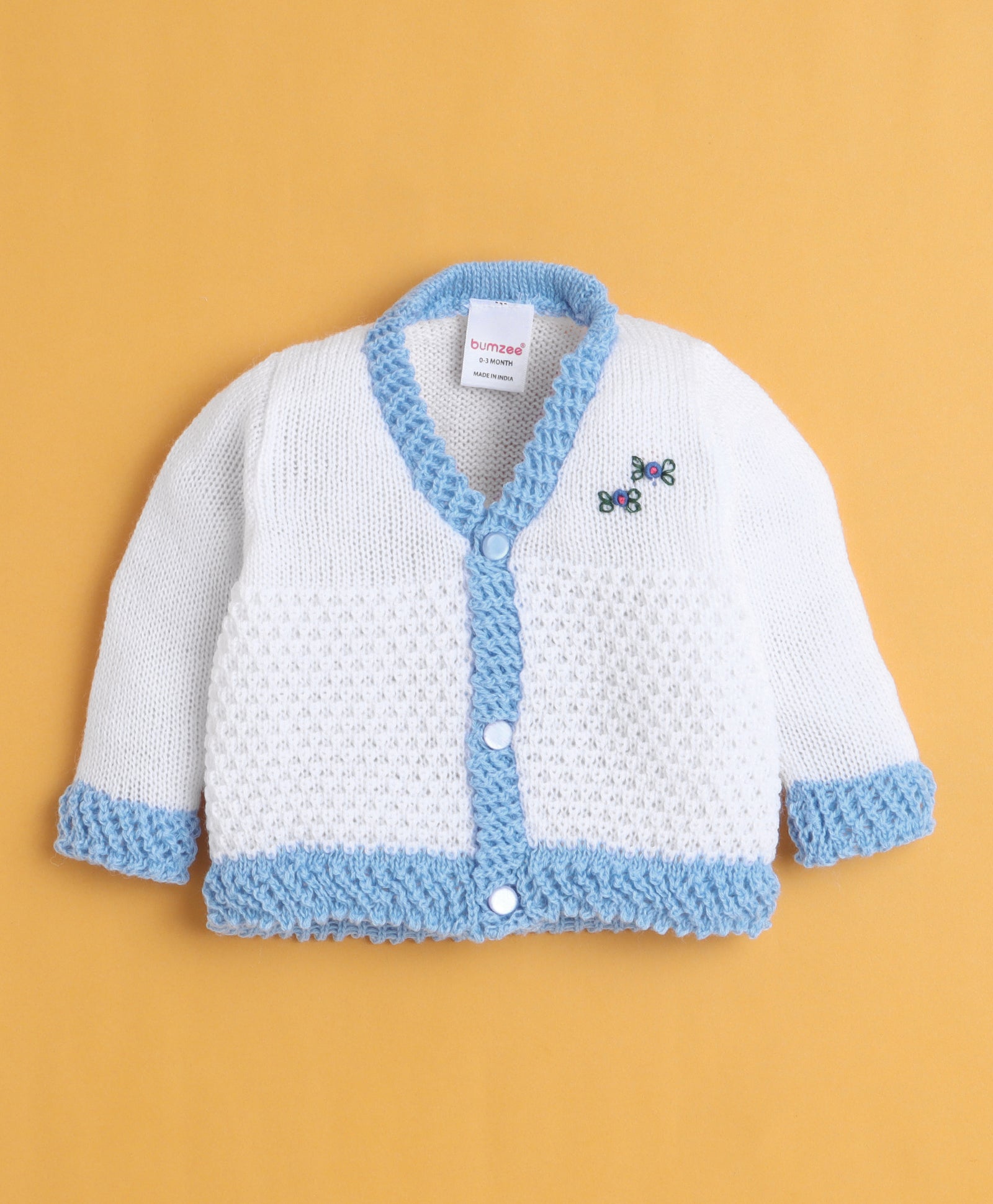 White & Sky Blue Baby Girls Full Sleeves Acrylic Blend Sweater With Cap & Socks