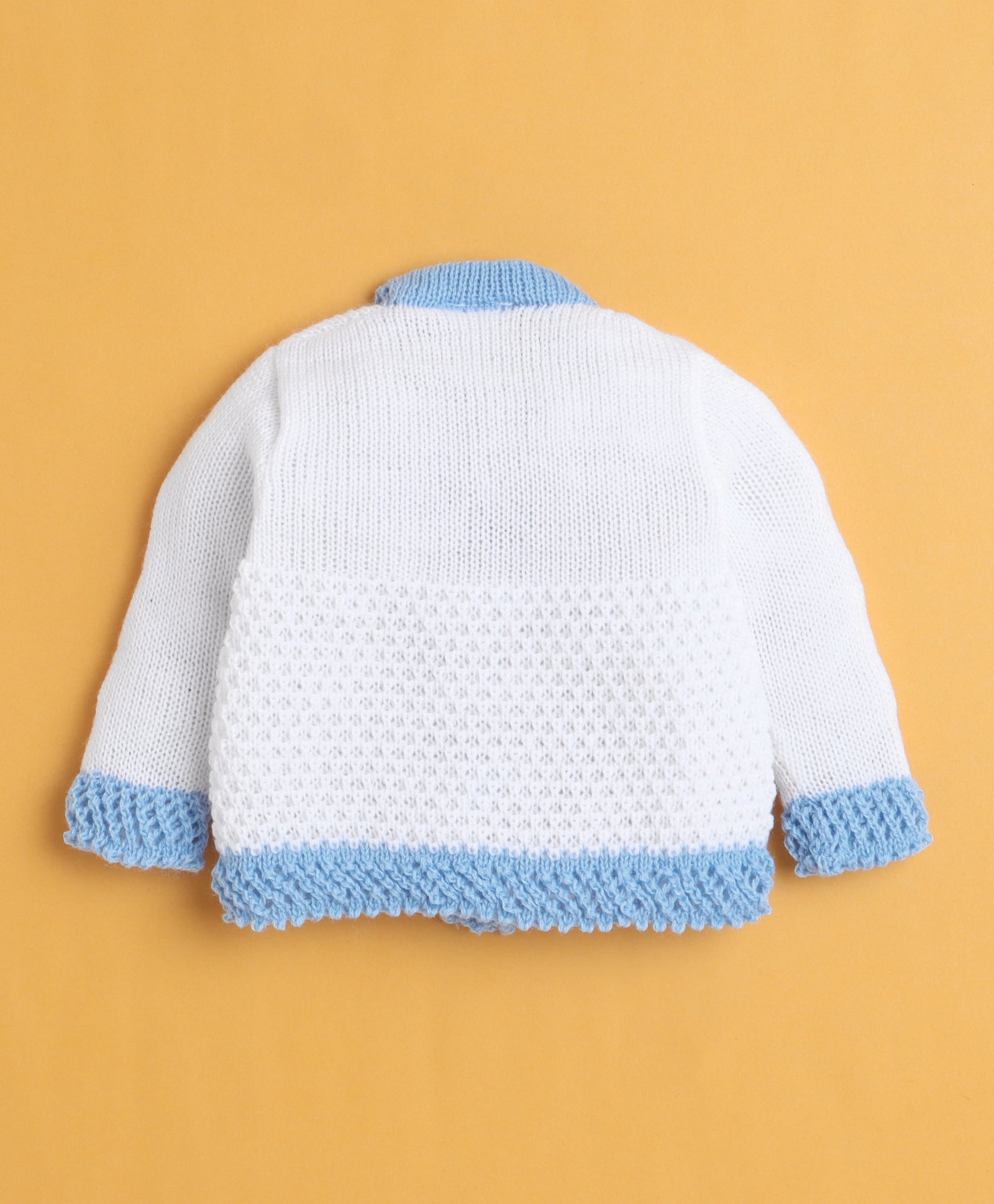 White & Sky Blue Baby Girls Full Sleeves Acrylic Blend Sweater With Cap & Socks