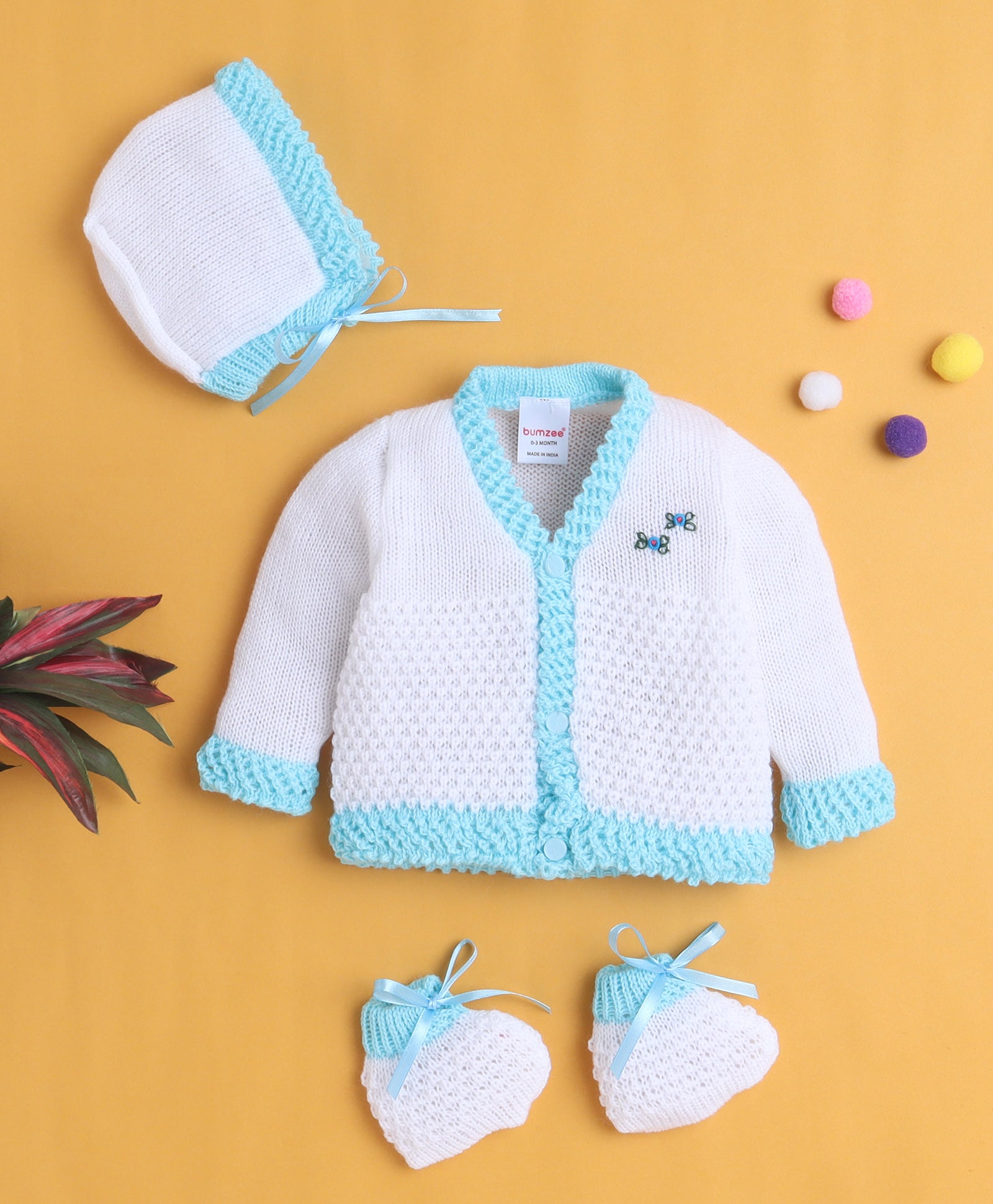 White & Aqua Baby Girls Full Sleeves Acrylic Blend Sweater With Cap & Socks