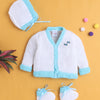 White & Aqua Baby Girls Full Sleeves Acrylic Blend Sweater With Cap & Socks