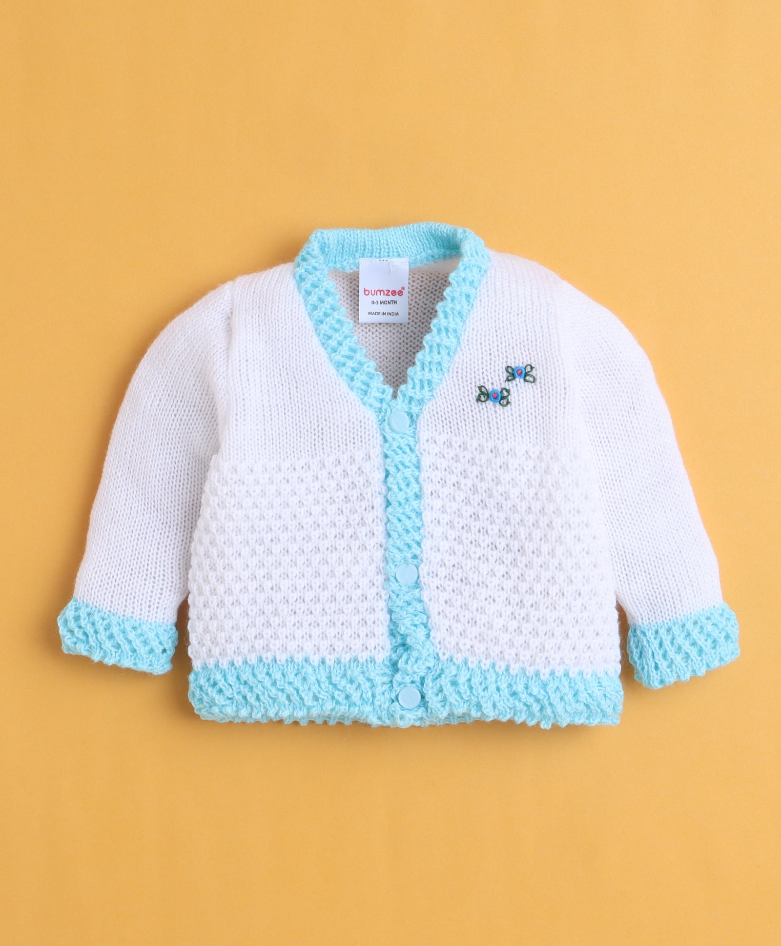 White & Aqua Baby Girls Full Sleeves Acrylic Blend Sweater With Cap & Socks