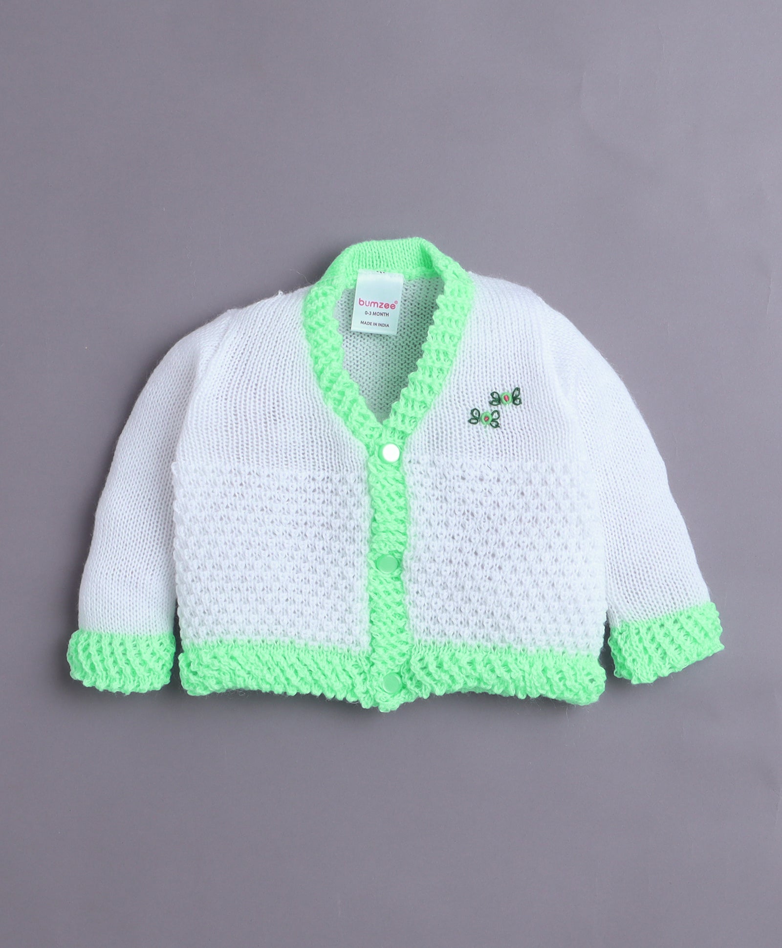 White & Green Baby Girls Full Sleeves Acrylic Blend Sweater With Cap & Socks