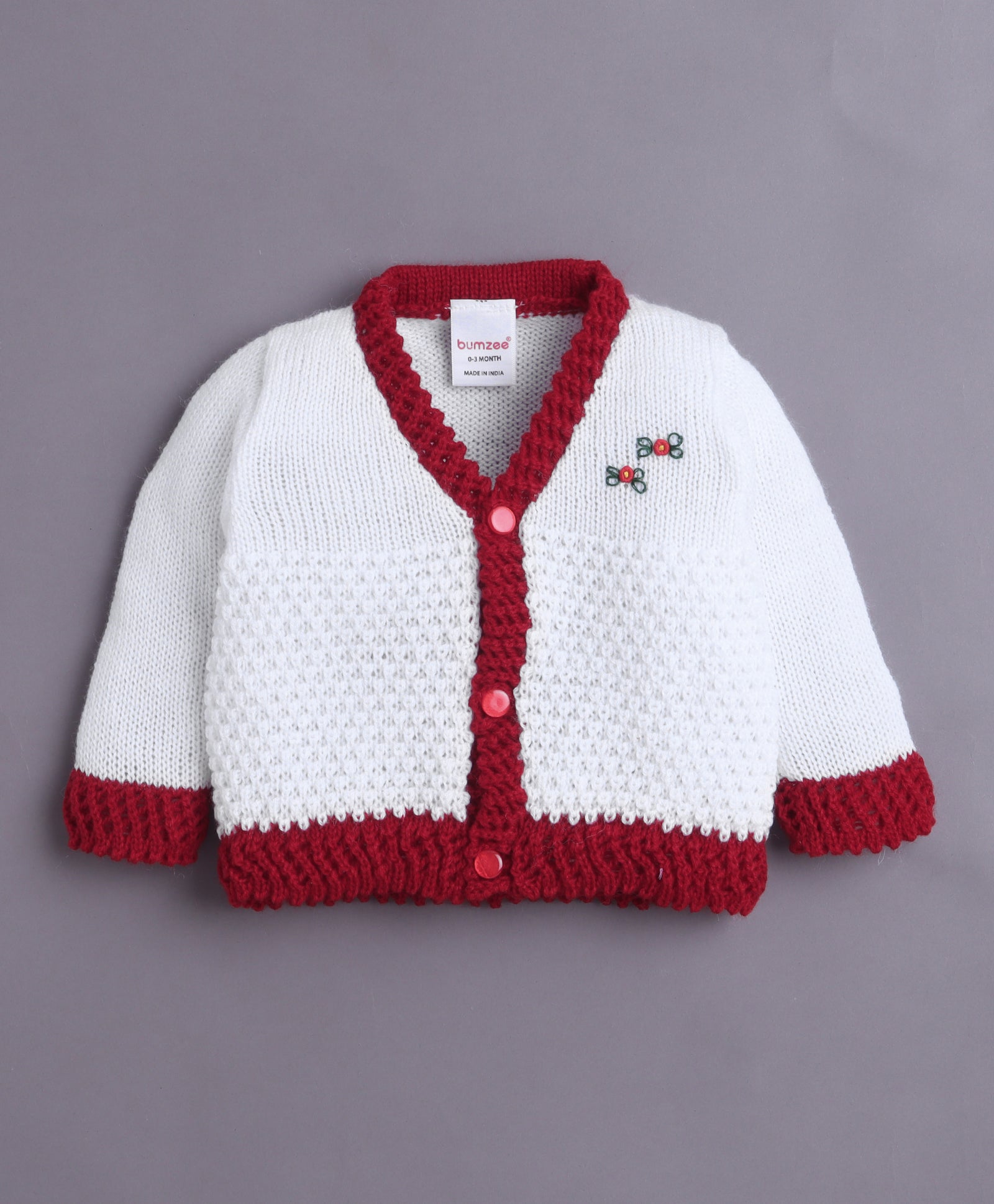 White & Maroon Baby Boys Full Sleeves Acrylic Blend Sweater With Cap & Socks