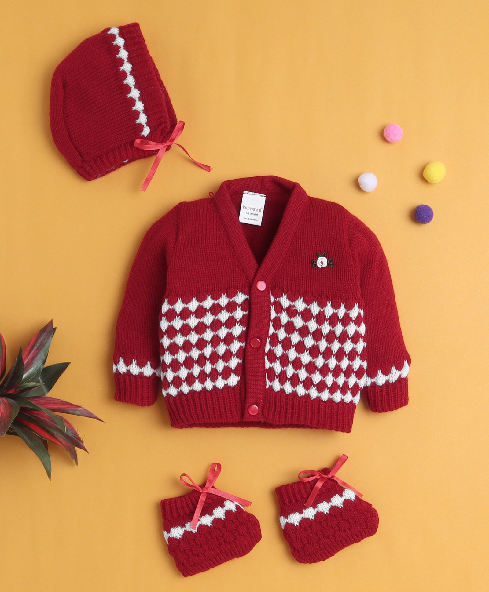Maroon Baby Boys Full Sleeves Acrylic Blend Sweater With Cap & Socks