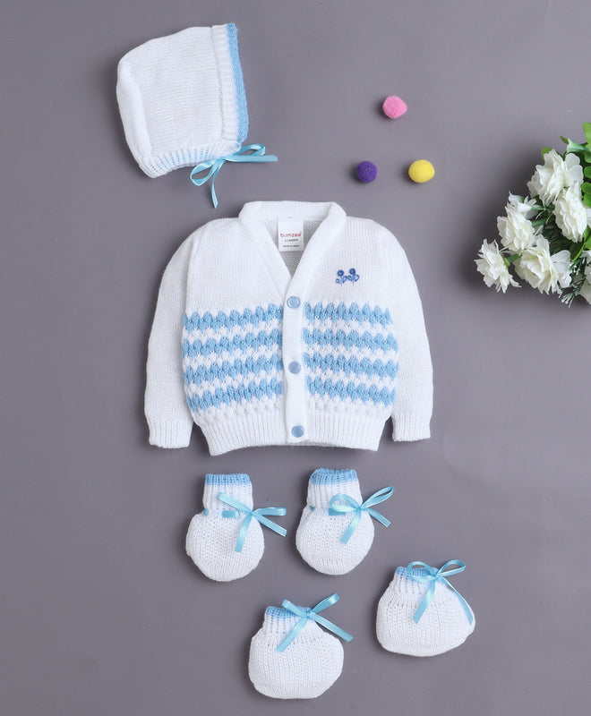 White & Sky Blue Baby Boys Full Sleeves Acrylic Blend Sweater With Cap Socks & Mittens