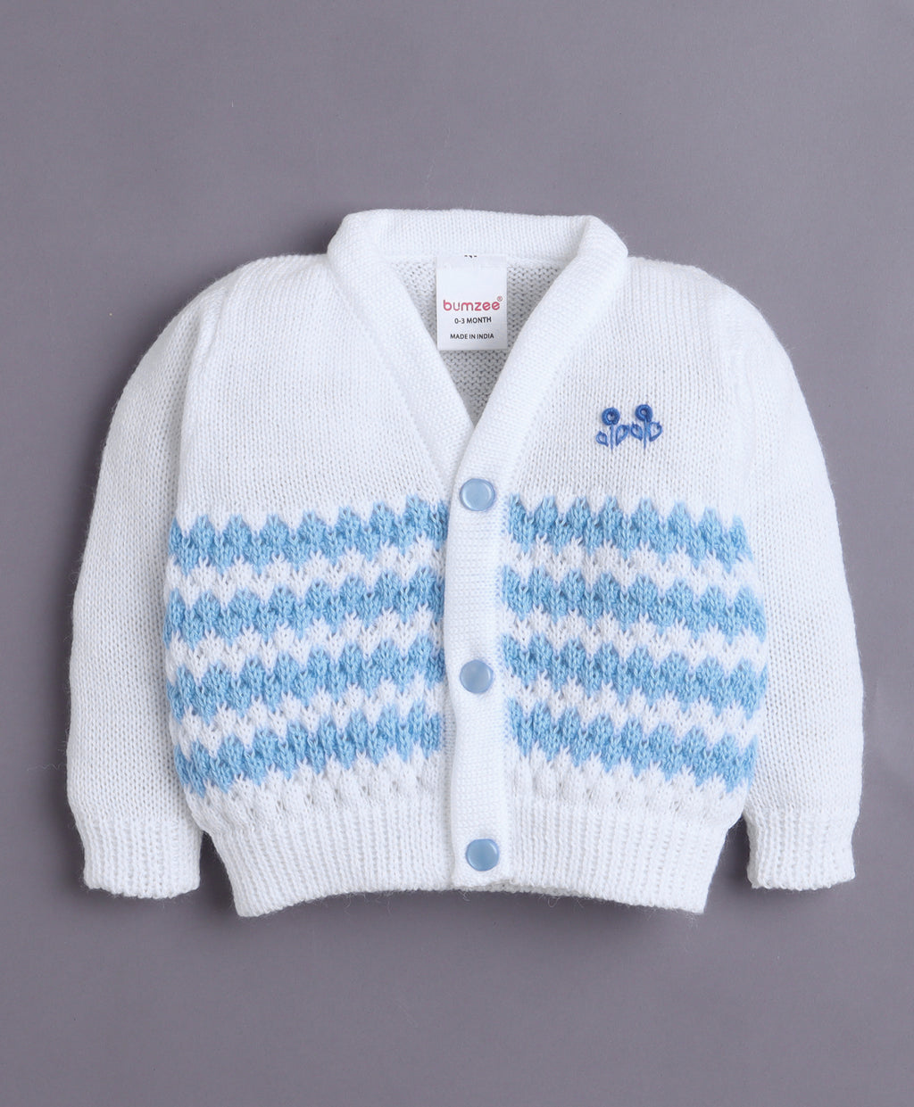 Bumzee White & Sky Blue Knitted Sweater with Cap, Socks & Mittens, Full Sleeves