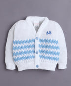 Bumzee White & Sky Blue Knitted Sweater with Cap, Socks & Mittens, Full Sleeves