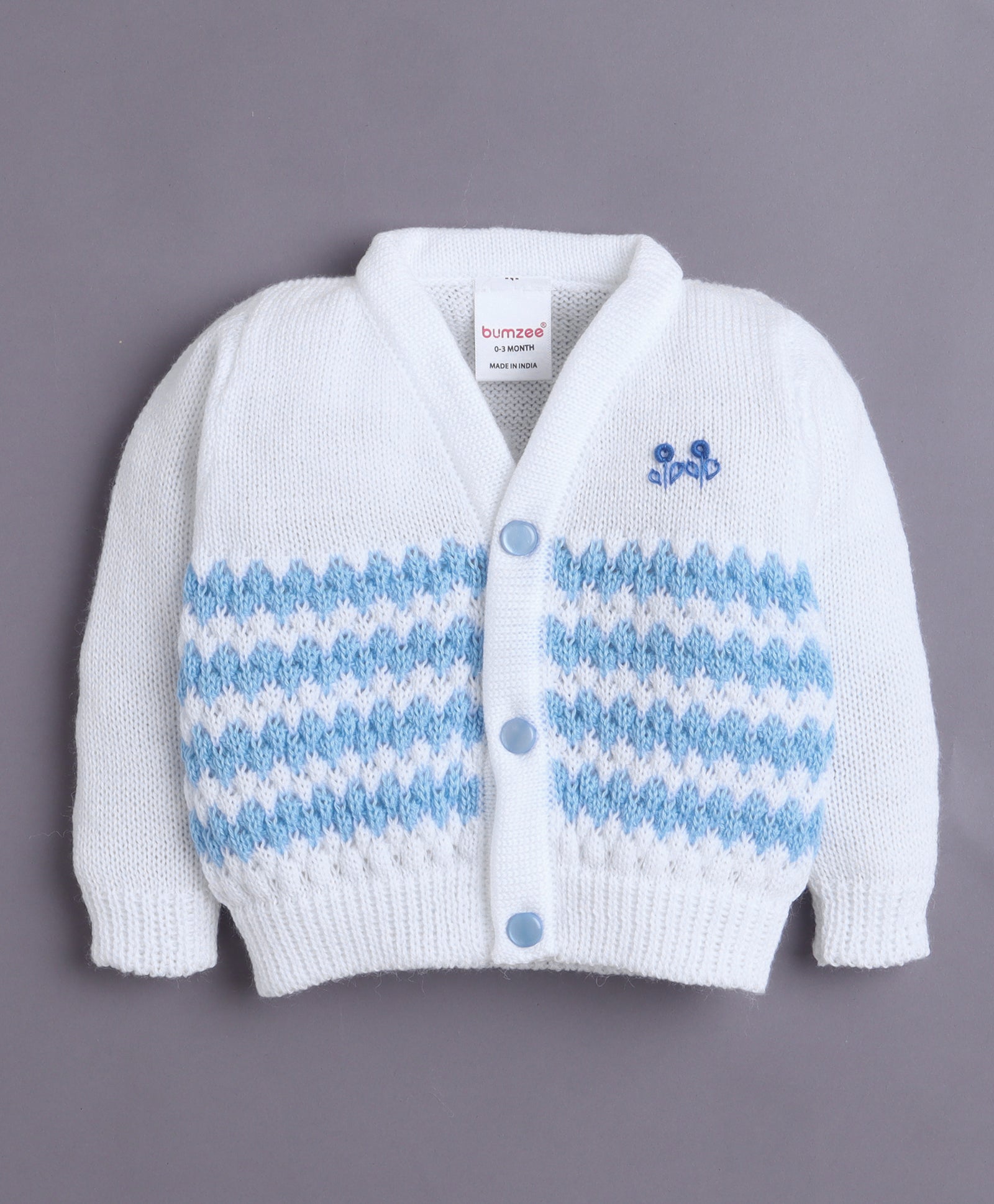 White & Sky Blue Baby Boys Full Sleeves Acrylic Blend Sweater With Cap Socks & Mittens