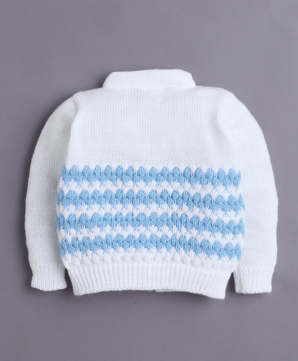Bumzee White & Sky Blue Knitted Sweater with Cap, Socks & Mittens, Full Sleeves
