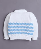 Bumzee White & Sky Blue Knitted Sweater with Cap, Socks & Mittens, Full Sleeves