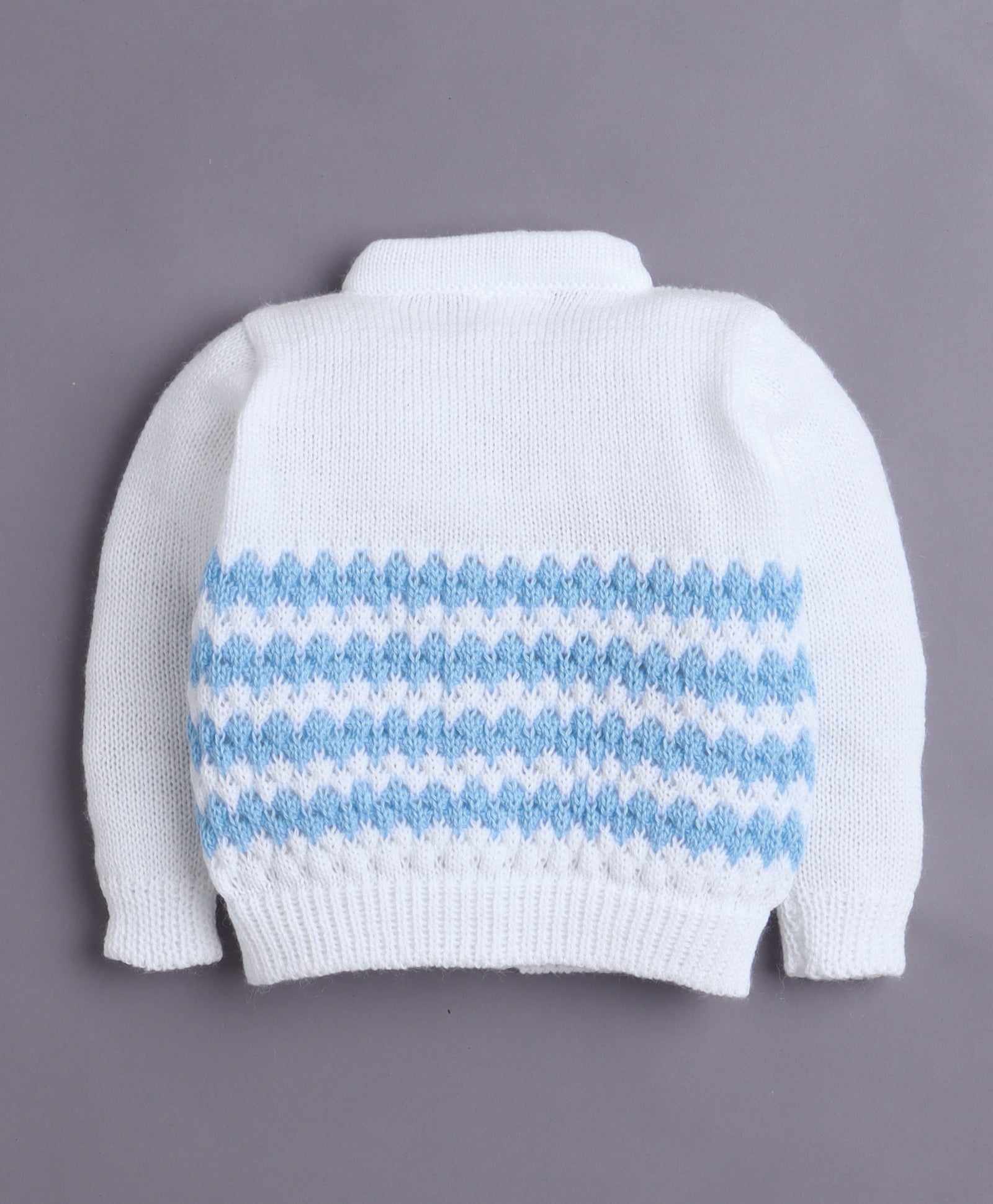 White & Sky Blue Baby Boys Full Sleeves Acrylic Blend Sweater With Cap Socks & Mittens