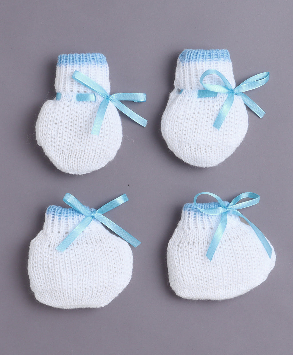 Bumzee White & Sky Blue Knitted Sweater with Cap, Socks & Mittens, Full Sleeves