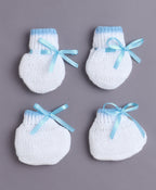 Bumzee White & Sky Blue Knitted Sweater with Cap, Socks & Mittens, Full Sleeves