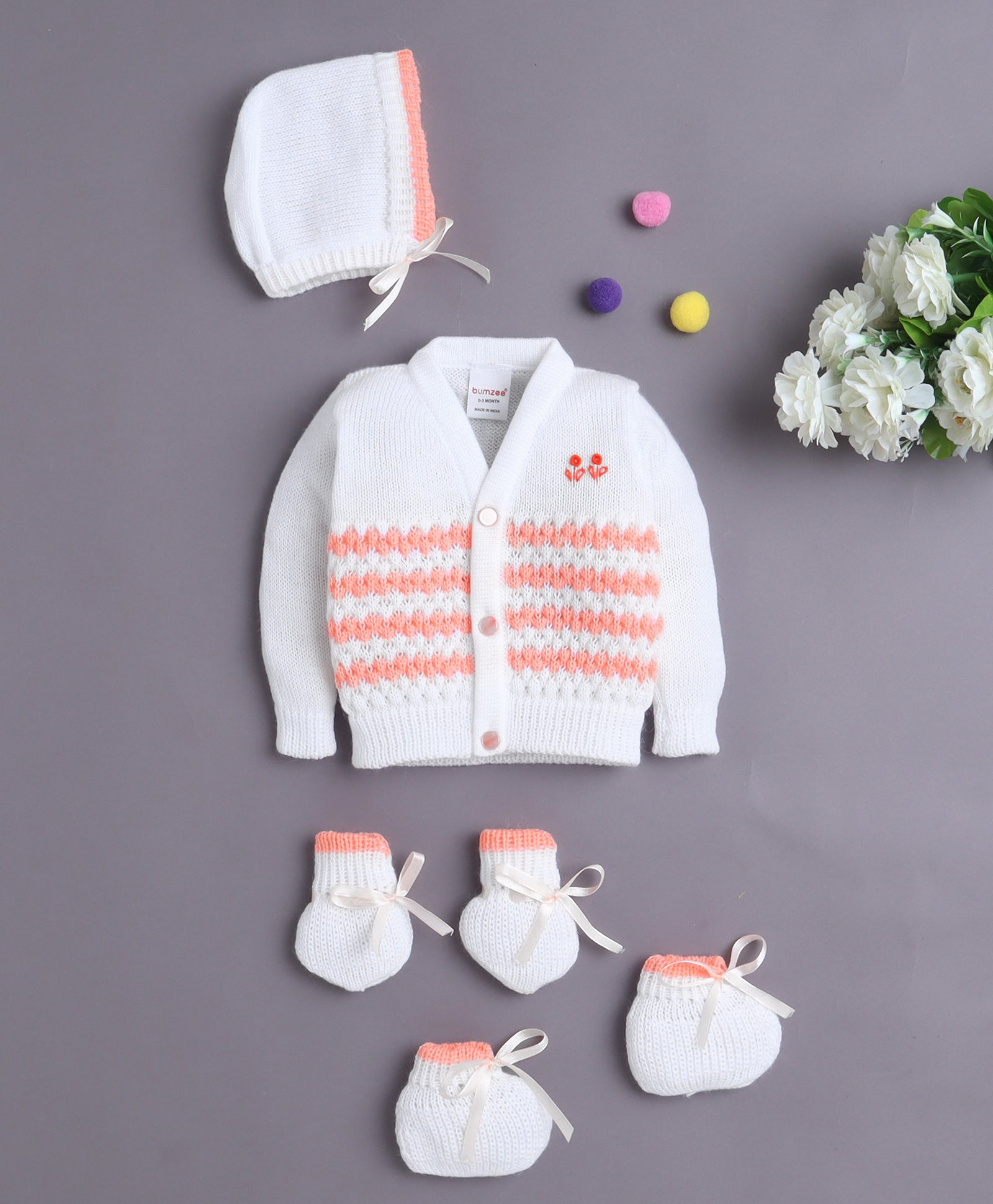 White & Orange Baby Boys Full Sleeves Acrylic Blend Sweater With Cap Socks & Mittens