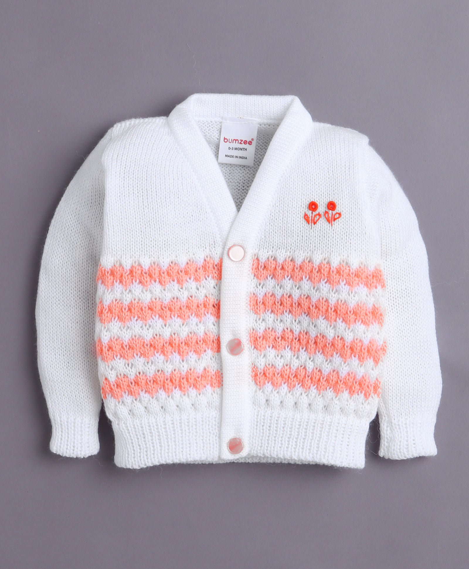 White & Orange Baby Boys Full Sleeves Acrylic Blend Sweater With Cap Socks & Mittens