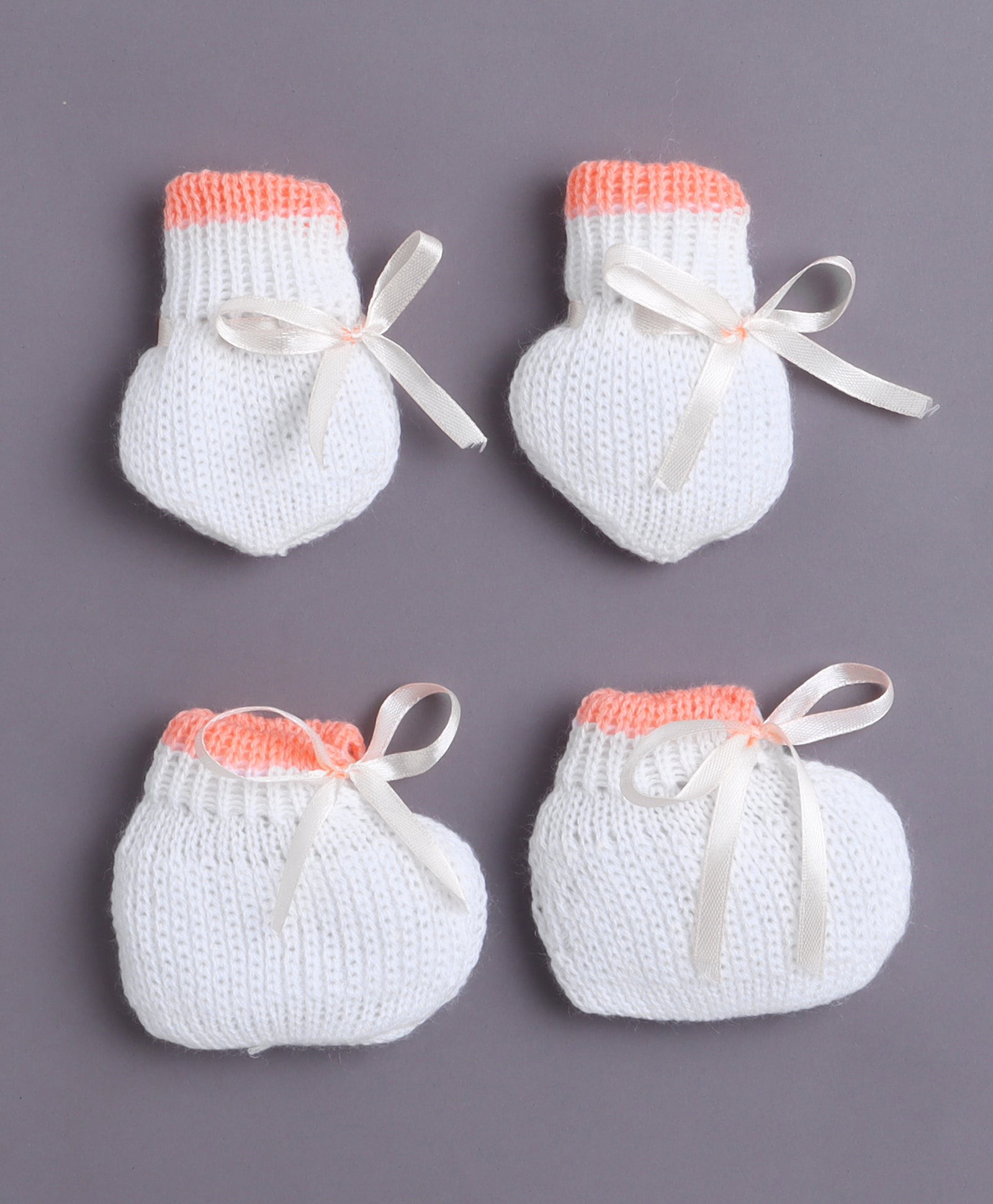 White & Orange Baby Boys Full Sleeves Acrylic Blend Sweater With Cap Socks & Mittens