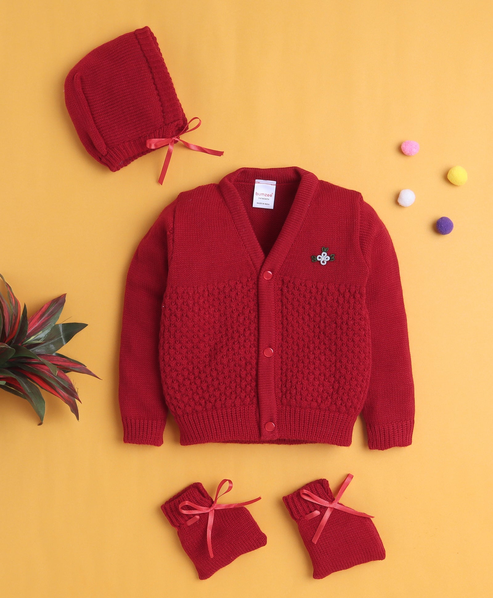 Maroon Baby Boys Full Sleeves Acrylic Blend Sweater With Cap & Socks