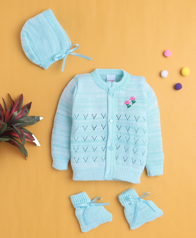 Aqua Blue Baby Boys Full Sleeves Acrylic Blend Sweater With Cap & Socks