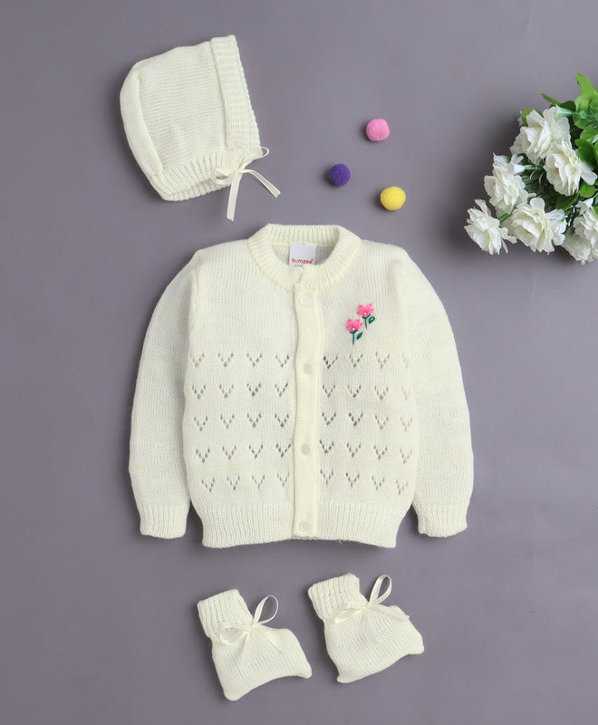 Yellow Baby Girls Full Sleeves Acrylic Blend Sweater With Cap & Socks