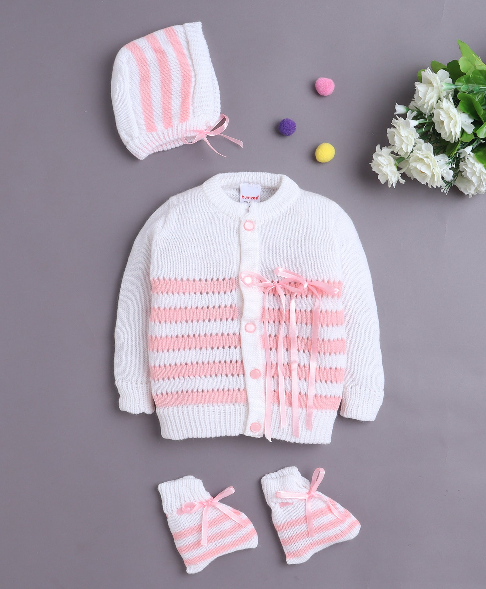 White & Pink Baby Girls Full Sleeves Acrylic Blend Sweater With Cap & Socks