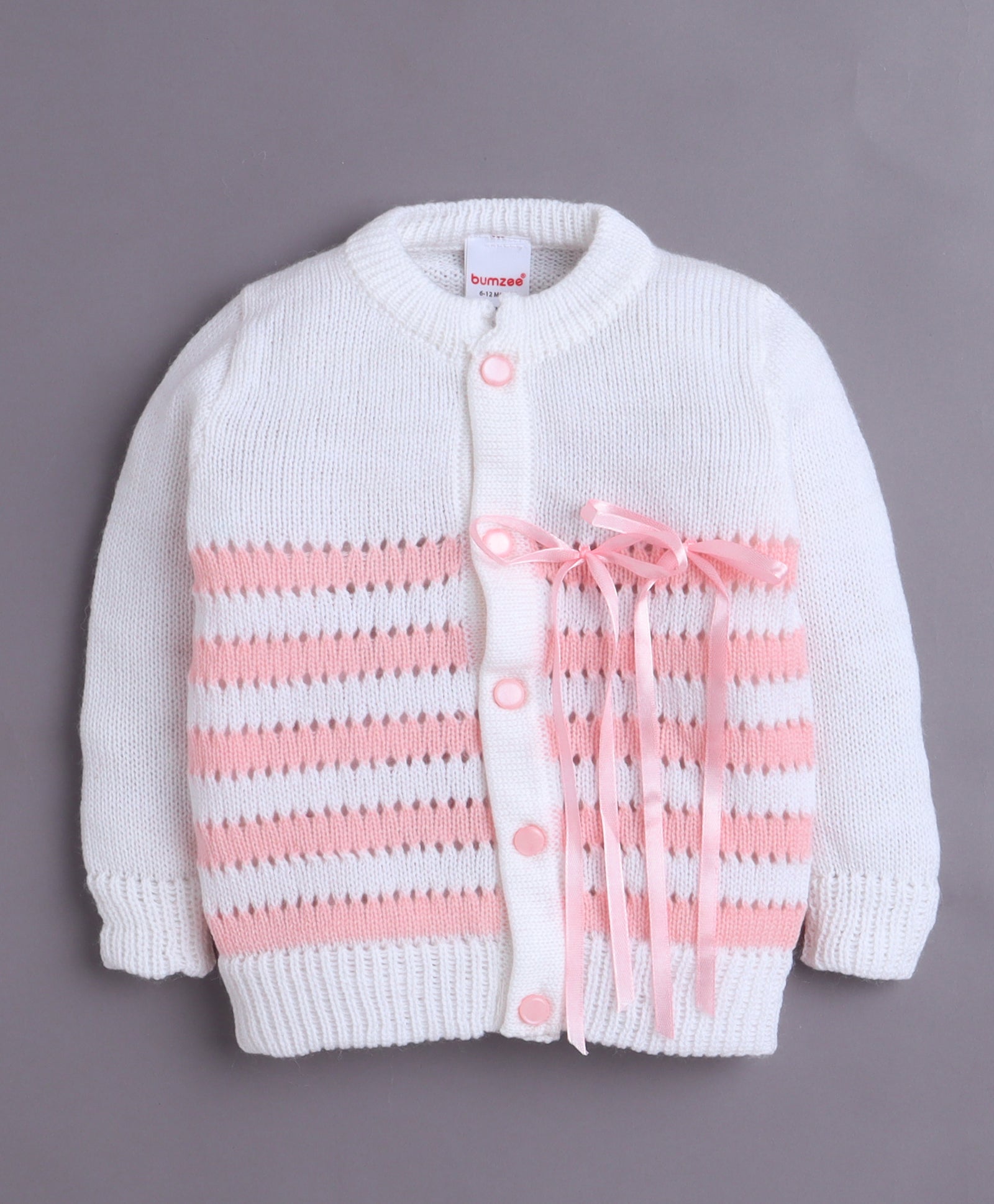 White & Pink Baby Girls Full Sleeves Acrylic Blend Sweater With Cap & Socks