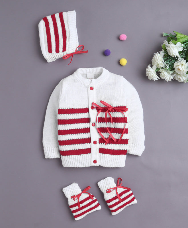 White & Maroon Baby Boys Full Sleeves Acrylic Blend Sweater With Cap & Socks