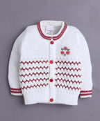 Bumzee White & Maroon Knitted Sweater with Cap & Socks, Full Sleeves, Acrylic Knit (Style Peb10834)