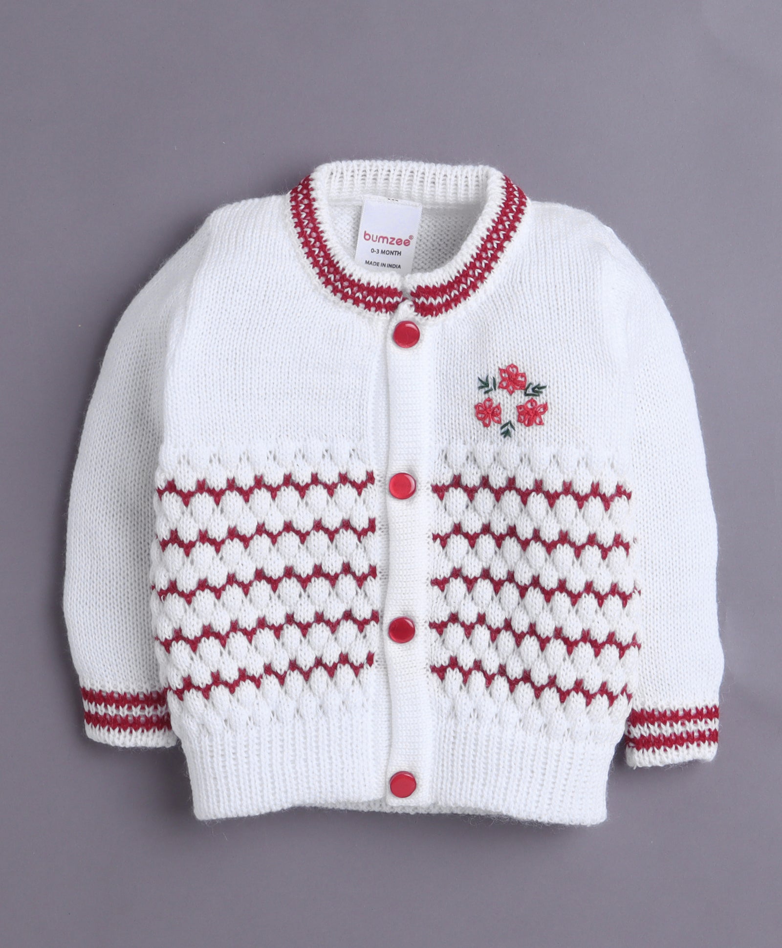 White & Maroon Baby Boys Full Sleeves Acrylic Blend Sweater With Cap & Socks