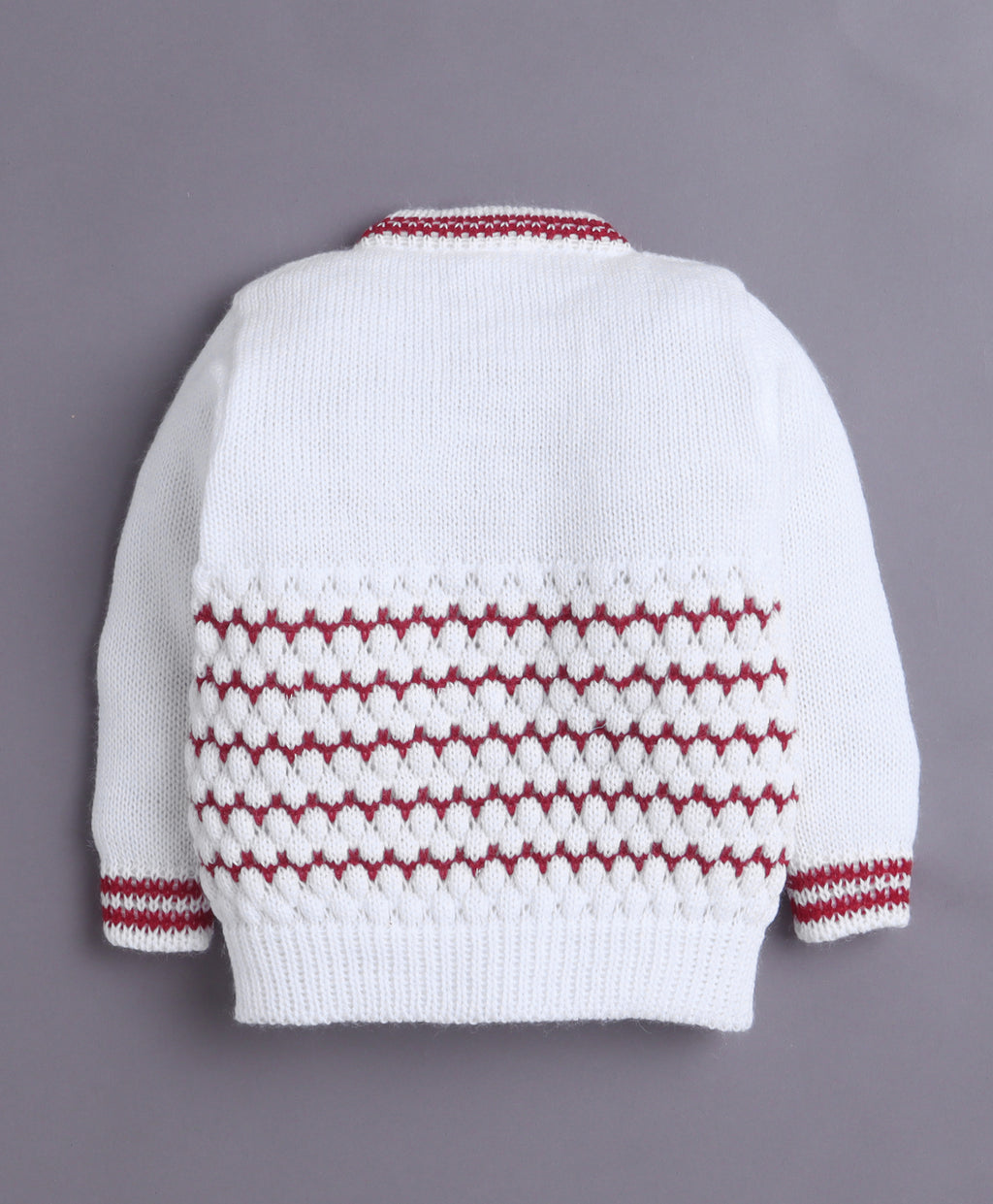 Bumzee White & Maroon Knitted Sweater with Cap & Socks, Full Sleeves, Acrylic Knit (Style Peb10834)