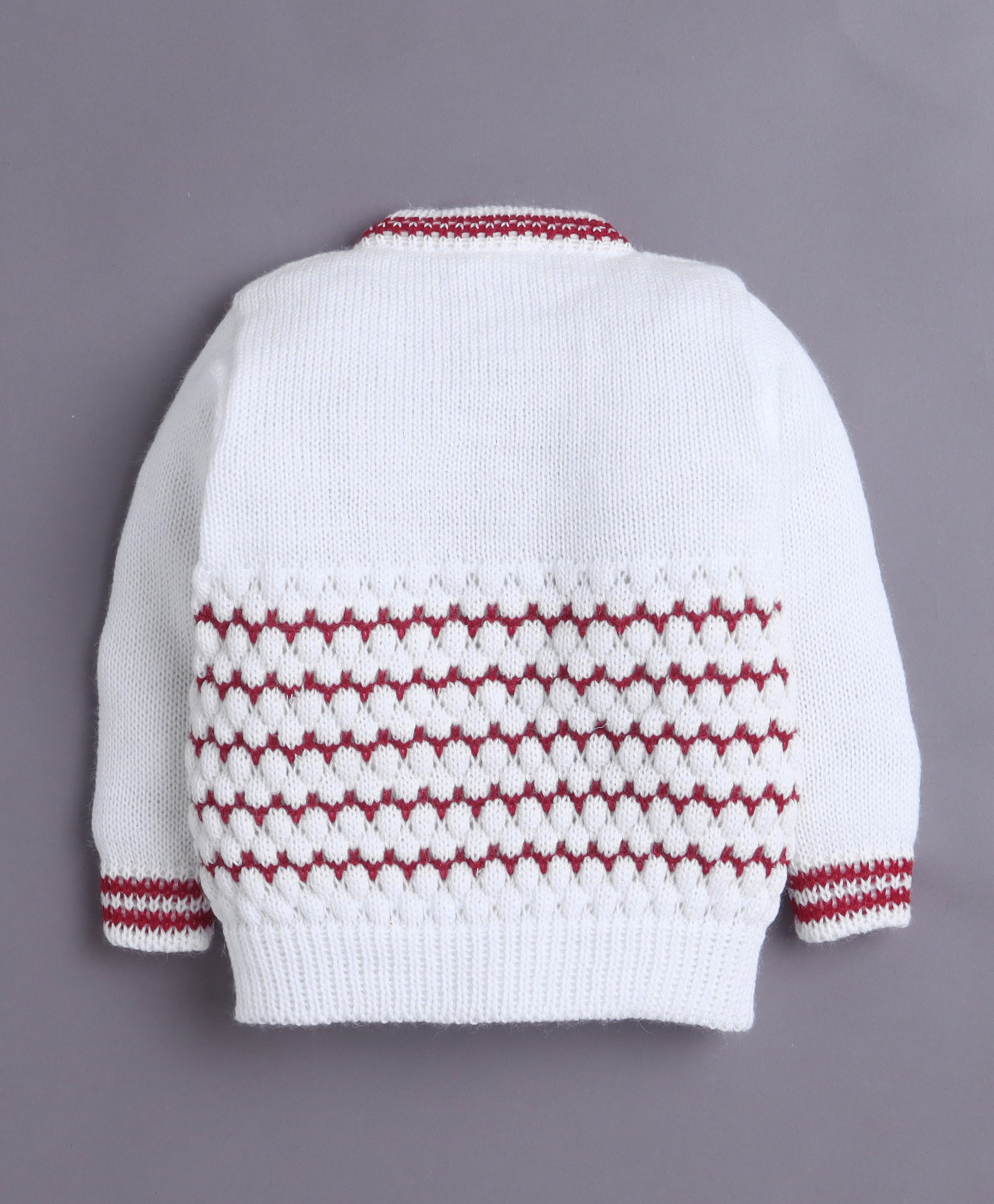 White & Maroon Baby Boys Full Sleeves Acrylic Blend Sweater With Cap & Socks