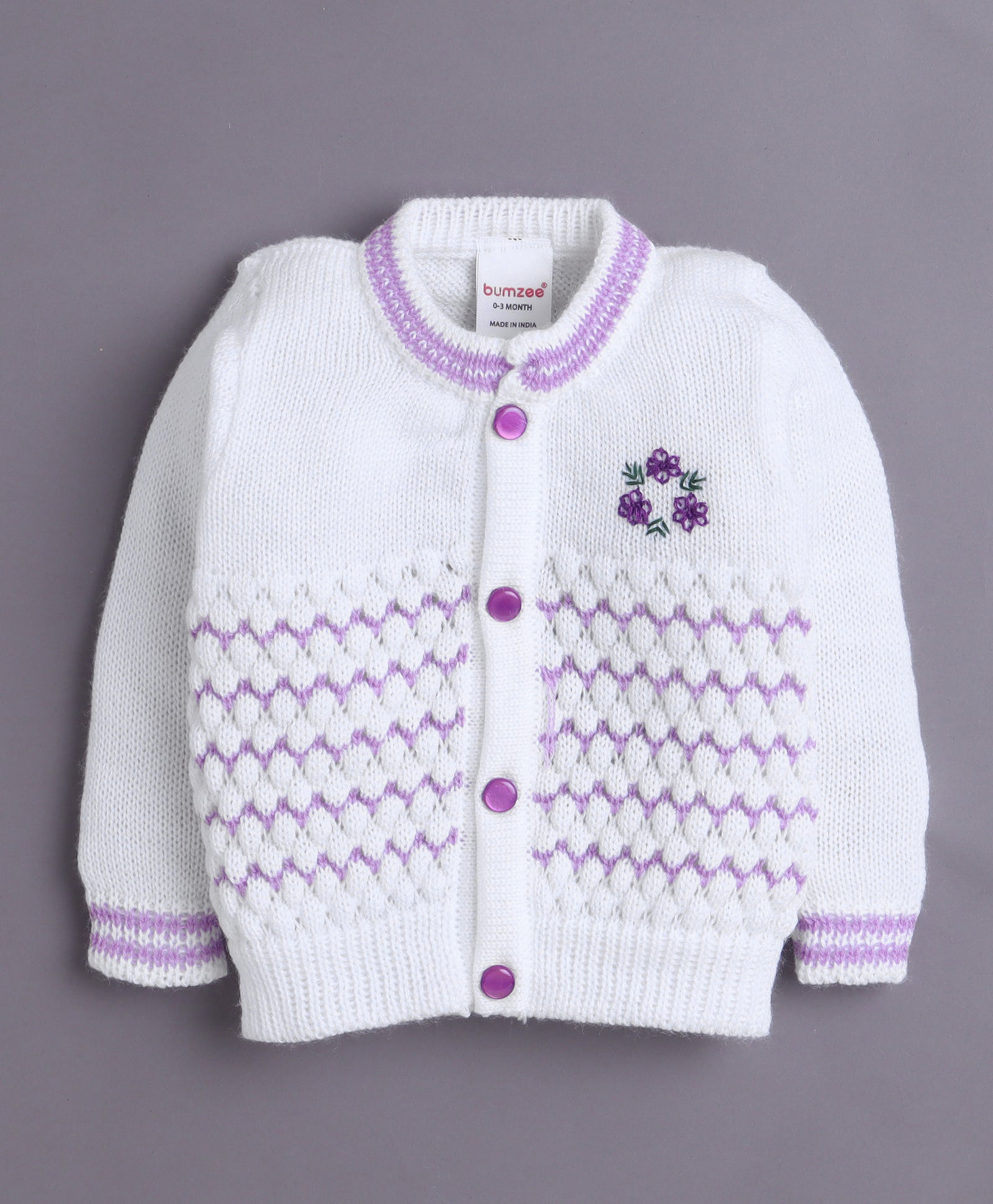 White & Lavender Baby Girls Full Sleeves Acrylic Blend Sweater With Cap & Socks